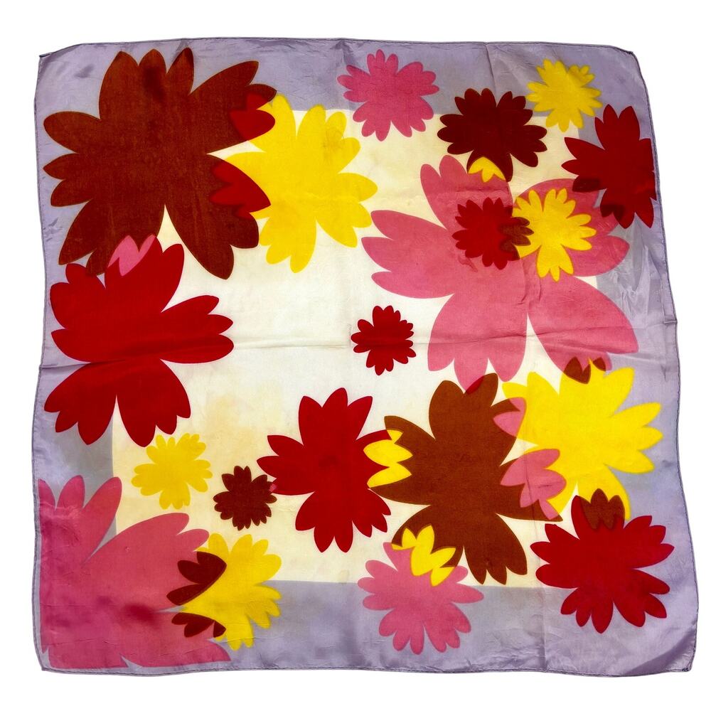 Vintage 1950s Floral Acetate Scarf Pink Yellow Flower 26" Square Purple Border
